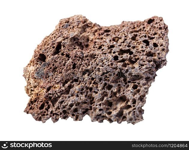 closeup of sample of natural mineral from geological collection - rough brown Pumice rock isolated on white background. rough brown Pumice rock isolated on white