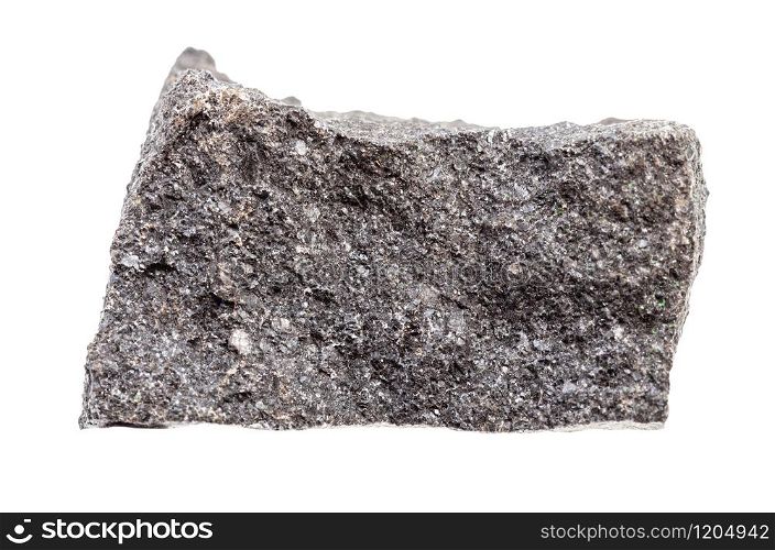 closeup of sample of natural mineral from geological collection - rough Chromite rock isolated on white background. rough Chromite rock isolated on white