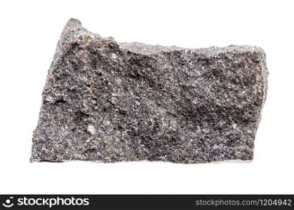 closeup of sample of natural mineral from geological collection - rough Chromite rock isolated on white background. rough Chromite rock isolated on white