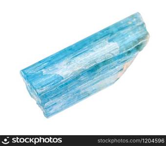 closeup of sample of natural mineral from geological collection - rough crystal of Aquamarine (blue Beryl) isolated on white background. rough crystal of Aquamarine (blue Beryl) isolated