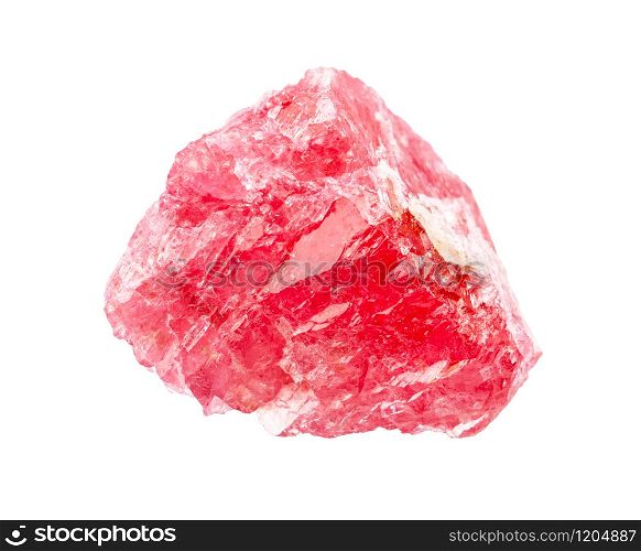 closeup of sample of natural mineral from geological collection - rough crystal of Rhodonite isolated on white background. rough crystal of Rhodonite isolated on white