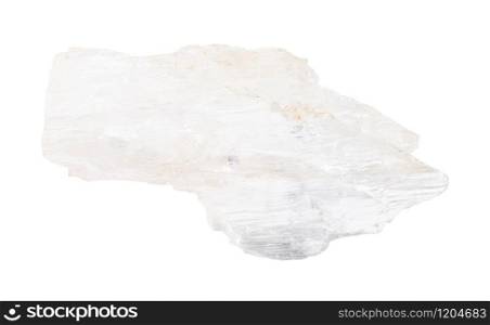 closeup of sample of natural mineral from geological collection - rough crystalline Petalite (castorite) rock isolated on white background. rough crystalline Petalite rock isolated