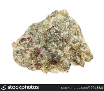 closeup of sample of natural mineral from geological collection - rough Olivine rock isolated on white background. rough Olivine rock isolated on white