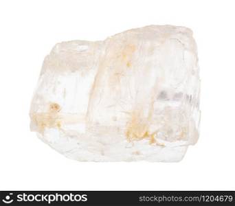 closeup of sample of natural mineral from geological collection - rough Petalite (castorite) crystal isolated on white background. rough Petalite (castorite) crystal isolated