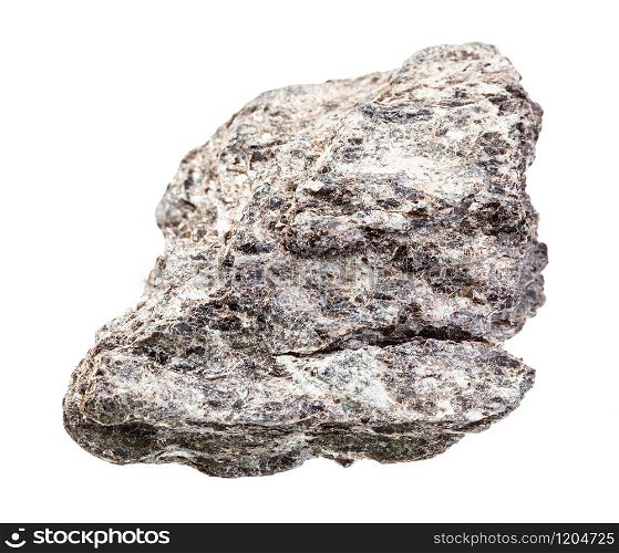 closeup of sample of natural mineral from geological collection - rough quartz-biotite slate rock isolated on white background. rough quartz-biotite slate rock isolated on white