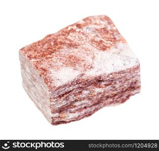 closeup of sample of natural mineral from geological collection - rough red Aventurine rock isolated on white background. rough red Aventurine rock isolated on white