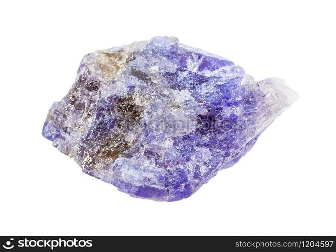 closeup of sample of natural mineral from geological collection - rough Tanzanite (blue violet zoisite) rock isolated on white background. rough Tanzanite (violet zoisite) rock isolated