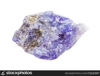 closeup of sample of natural mineral from geological collection - rough Tanzanite (blue violet zoisite) rock isolated on white background. rough Tanzanite (violet zoisite) rock isolated