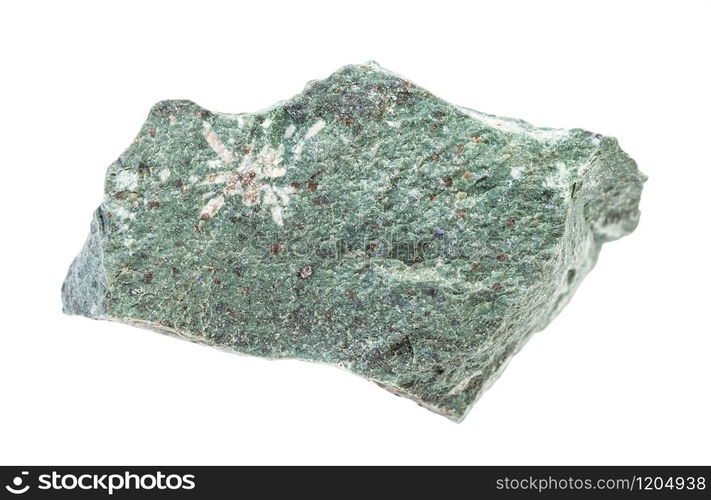 closeup of sample of natural mineral from geological collection - rough Tinguaite rock isolated on white background. rough Tinguaite rock isolated on white