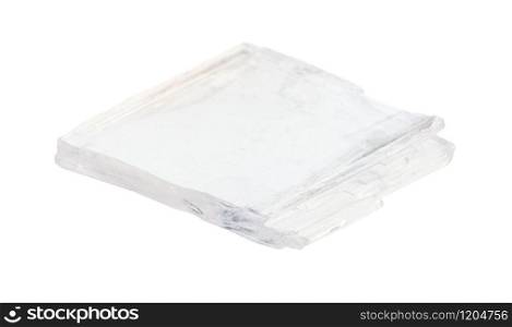closeup of sample of natural mineral from geological collection - rough transparent Gypsum rock isolated on white background. rough transparent Gypsum rock isolated on white