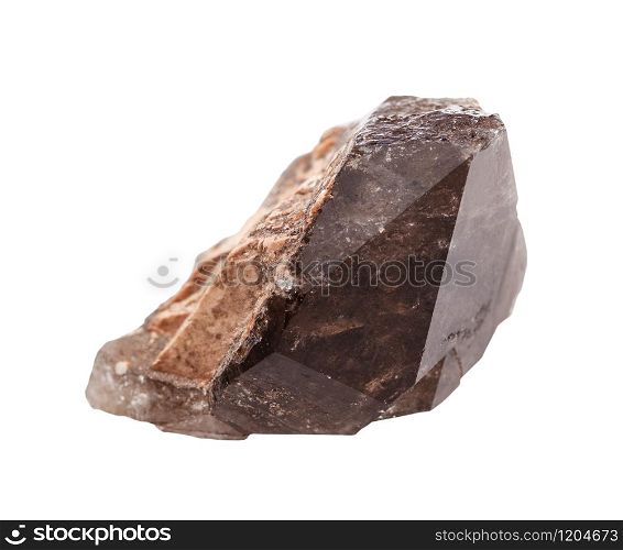 closeup of sample of natural mineral from geological collection - single crystal of smoky quartz morion isolated on white background. single crystal of smoky quartz morion isolated