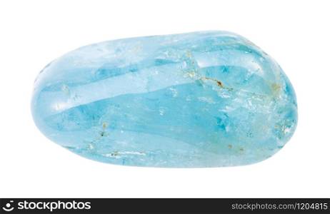 closeup of sample of natural mineral from geological collection - tumbled Aquamarine (blue Beryl) gem stone isolated on white background. tumbled Aquamarine (blue Beryl) gem stone isolated