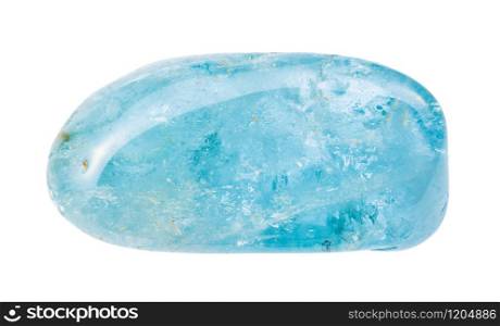 closeup of sample of natural mineral from geological collection - tumbled Aquamarine (blue Beryl) gem isolated on white background. tumbled Aquamarine (blue Beryl) gem isolated