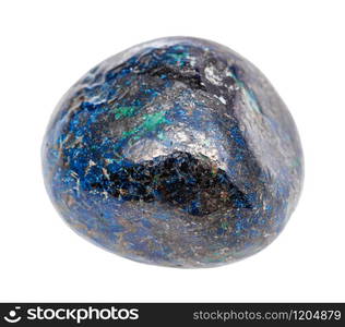 closeup of sample of natural mineral from geological collection - tumbled Azurite (chessylite) gemstone isolated on white background. tumbled Azurite (chessylite) gemstone isolated