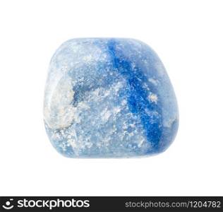 closeup of sample of natural mineral from geological collection - tumbled blue agate (quartz) gem stone isolated on white background. tumbled blue agate (quartz) gem stone isolated