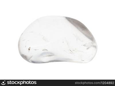 closeup of sample of natural mineral from geological collection - tumbled colorless Rock crystal gemstone isolated on white background. tumbled colorless Rock crystal gemstone isolated