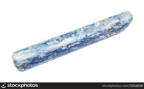 closeup of sample of natural mineral from geological collection - tumbled Kyanite gemstone isolated on white background. tumbled Kyanite gemstone isolated on white