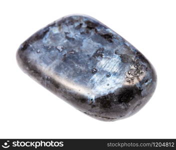 closeup of sample of natural mineral from geological collection - tumbled Larvikite (norwegian Labradorite) gem isolated on white background. tumbled Larvikite (norwegian Labradorite) gem