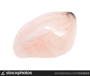 closeup of sample of natural mineral from geological collection - tumbled Morganite (Vorobyevite, pink Beryl) gem stone isolated on white background. tumbled Morganite (Vorobyevite) gem stone isolated