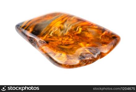 closeup of sample of natural mineral from geological collection - tumbled Pietersite gemstone isolated on white background. umbled Pietersite gemstone isolated on white