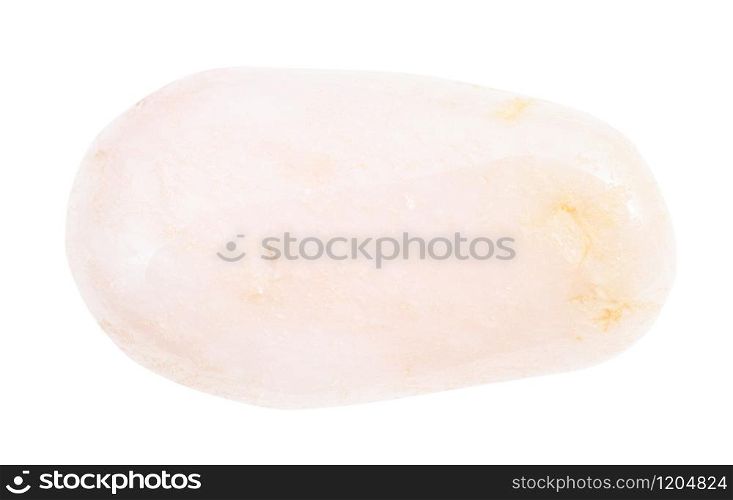 closeup of sample of natural mineral from geological collection - tumbled pink Petalite (castorite) gem isolated on white background. tumbled pink Petalite (castorite) gem isolated