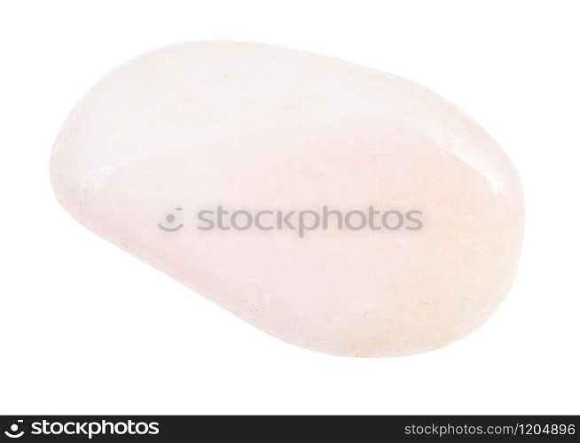 closeup of sample of natural mineral from geological collection - tumbled pink Petalite (castorite) gem stone isolated on white background. tumbled Petalite (castorite) gem stone isolated
