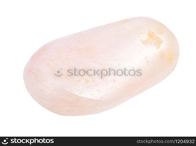 closeup of sample of natural mineral from geological collection - tumbled pink Petalite (castorite) gemstone isolated on white background. tumbled Petalite (castorite) gemstone isolated