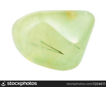 closeup of sample of natural mineral from geological collection - tumbled Prehnite gem isolated on white background. tumbled Prehnite gem isolated on white
