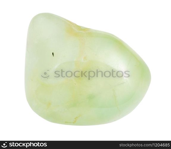 closeup of sample of natural mineral from geological collection - tumbled Prehnite gemstone isolated on white background. tumbled Prehnite gemstone isolated on white