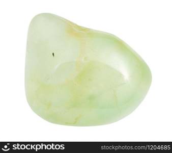 closeup of sample of natural mineral from geological collection - tumbled Prehnite gemstone isolated on white background. tumbled Prehnite gemstone isolated on white
