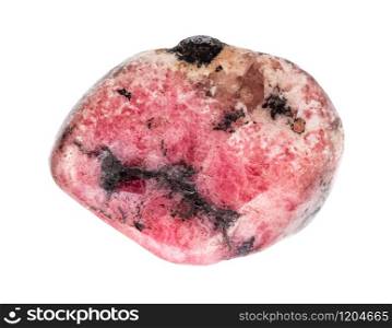 closeup of sample of natural mineral from geological collection - tumbled Rhodonite gem isolated on white background. tumbled Rhodonite gem isolated on white