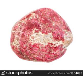 closeup of sample of natural mineral from geological collection - tumbled Thulite (pink Zoisite) gemstone isolated on white background. tumbled Thulite (pink Zoisite) gemstone isolated