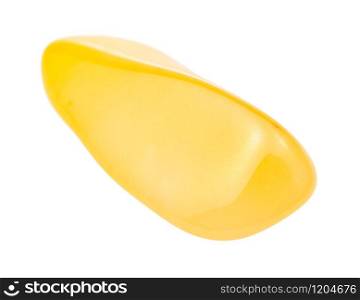 closeup of sample of natural mineral from geological collection - tumbled yellow Chalcedony gemstone isolated on white background. tumbled yellow Chalcedony gemstone isolated