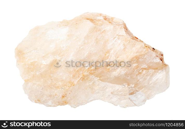 closeup of sample of natural mineral from geological collection - unpolished Belomorite (plagioclase moonstone) rock isolated on white background. unpolished Belomorite (plagioclase moonstone) rock