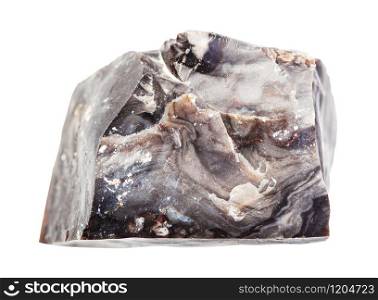 closeup of sample of natural mineral from geological collection - unpolished black Flint stone isolated on white background. unpolished black Flint stone isolated on white
