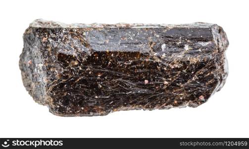 closeup of sample of natural mineral from geological collection - unpolished brown tourmaline (Dravite) crystal isolated on white background. unpolished brown tourmaline (Dravite) crystal