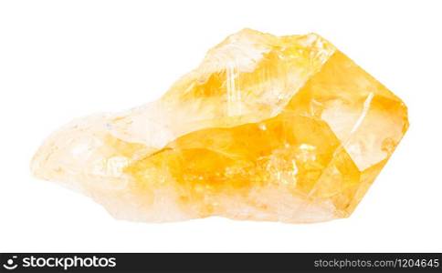 closeup of sample of natural mineral from geological collection - unpolished citrine (yellow quartz) crystal isolated on white background. rough citrine (yellow quartz) crystal isolated