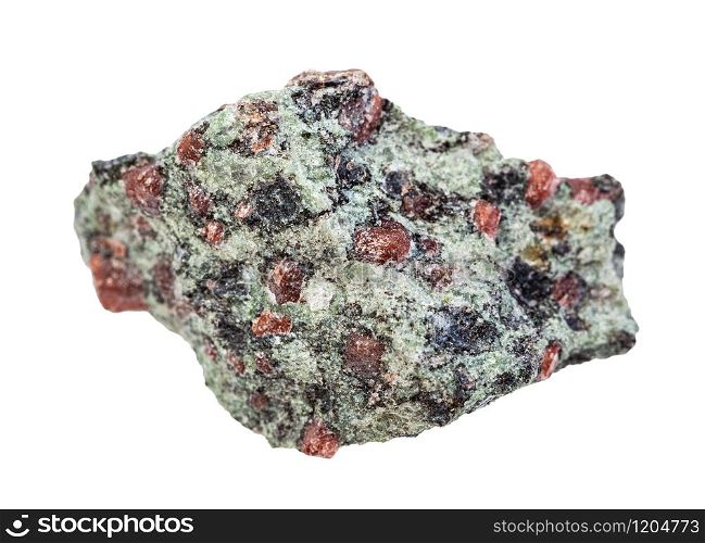 closeup of sample of natural mineral from geological collection - unpolished Eclogite rock isolated on white background. unpolished Eclogite rock isolated on white