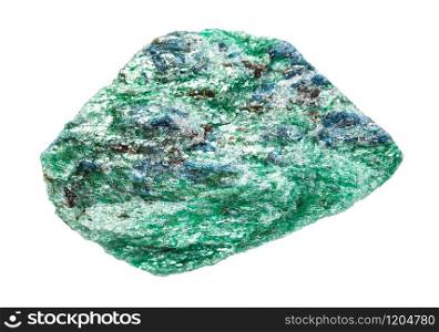 closeup of sample of natural mineral from geological collection - unpolished Fuchsite (chrome mica) rock isolated on white background. unpolished Fuchsite (chrome mica) rock isolated