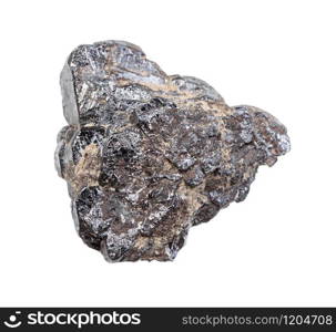 closeup of sample of natural mineral from geological collection - unpolished Ilmenite rock isolated on white background. unpolished Ilmenite rock isolated on white