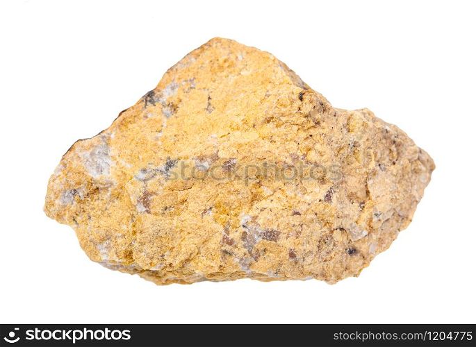 closeup of sample of natural mineral from geological collection - unpolished narsarsukite rock isolated on white background. unpolished narsarsukite rock isolated on white