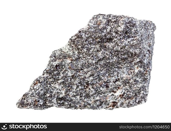 closeup of sample of natural mineral from geological collection - unpolished Nepheline syenite rock isolated on white background. unpolished Nepheline syenite rock isolated