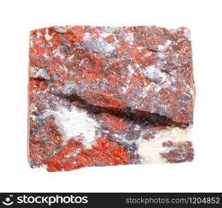 closeup of sample of natural mineral from geological collection - unpolished red Jasper rock isolated on white background. unpolished red Jasper rock isolated on white