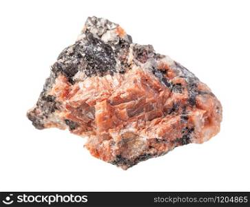 closeup of sample of natural mineral from geological collection - unpolished red Granite rock isolated on white background. unpolished red Granite rock isolated on white