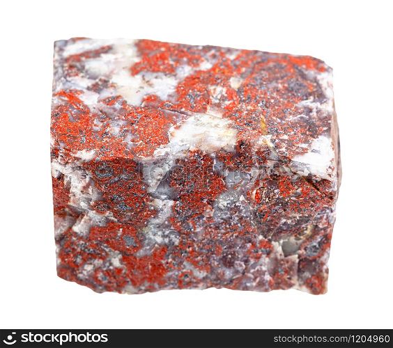 closeup of sample of natural mineral from geological collection - unpolished red Jasper gemstone isolated on white background. unpolished red Jasper gemstone isolated on white