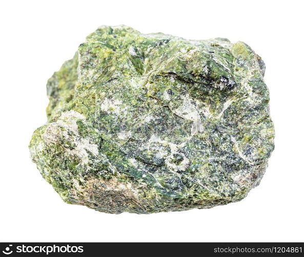 closeup of sample of natural mineral from geological collection - unpolished serpentine rock isolated on white background. unpolished serpentine rock isolated on white