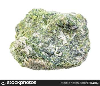 closeup of sample of natural mineral from geological collection - unpolished serpentine rock isolated on white background. unpolished serpentine rock isolated on white