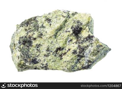 closeup of sample of natural mineral from geological collection - unpolished Serpentinite rock isolated on white background. unpolished Serpentinite rock isolated on white