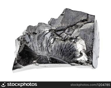 closeup of sample of natural mineral from geological collection - unpolished Shungite rock isolated on white background. unpolished Shungite rock isolated on white