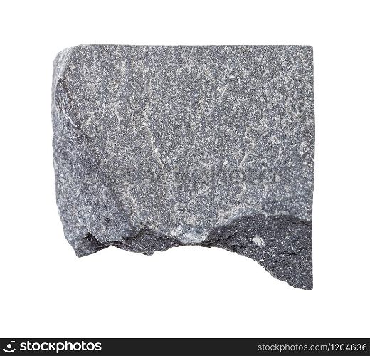 closeup of sample of natural mineral from geological collection - unpolished slate rock isolated on white background. unpolished slate rock isolated on white